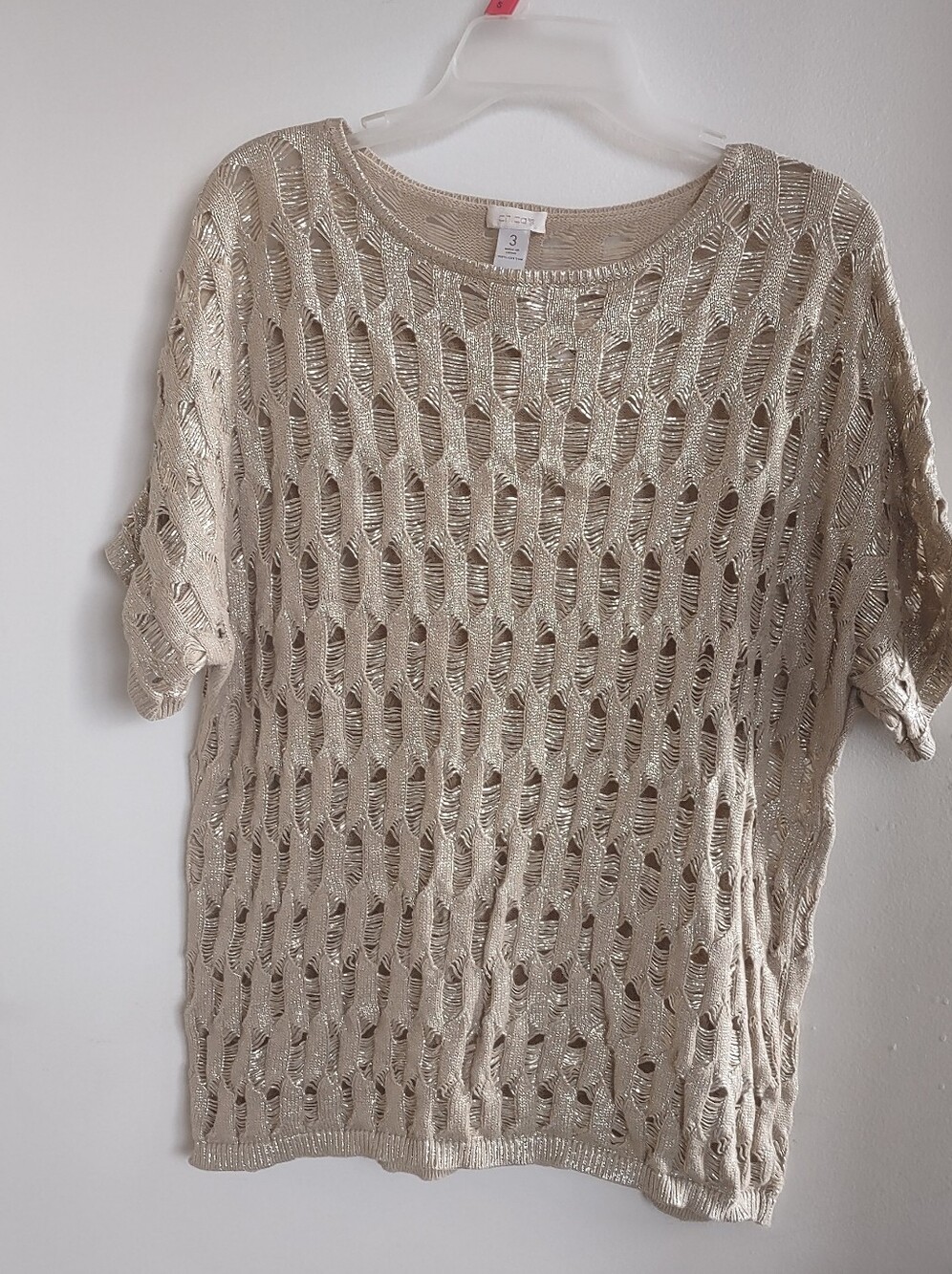 Chico's Metallic Cream Knit Cotton Short Sleeve Sweater